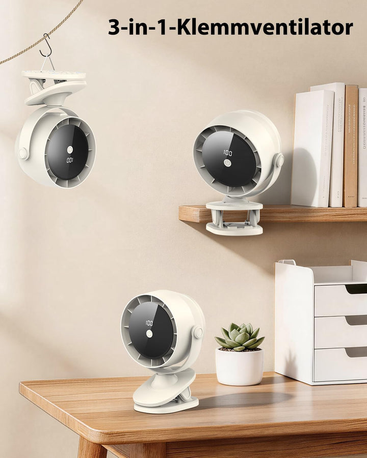Tragbarer USB Tischventilator mit Akku, 100 Stufen, 360° Drehen & Kippen, Digitalanzeige, Mit Klemme