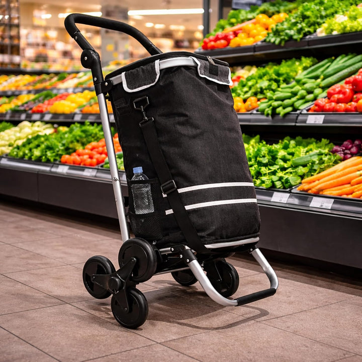 Faltbarer Aluminium Einkaufstrolley 57L (48L + 9L Kühlfach) Schwarz, 50kg Traglast, 35x45x98cm, Eva
