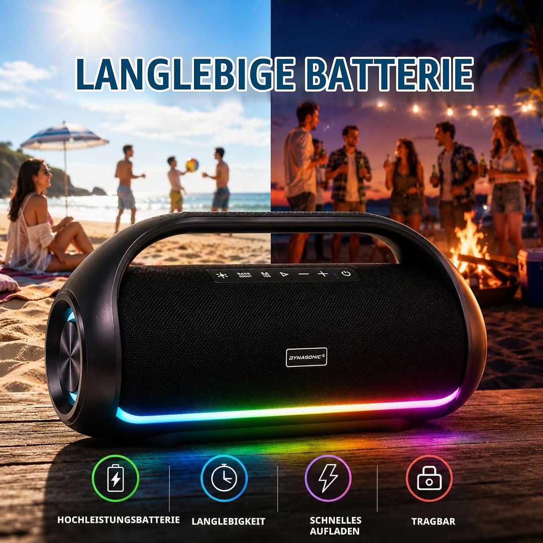 DYNASONIC S90 – IPX7 tragbarer Bluetooth Lautsprecher. Kabelloser Outdoor Lautsprecher. Stereoanlage