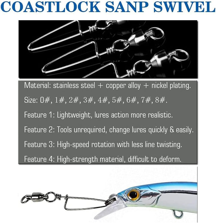 Kugellager Wirbel mit Coastlock Snap, Edelstahl geschweisster Ring für Angeln Salzwasser Standard Sc