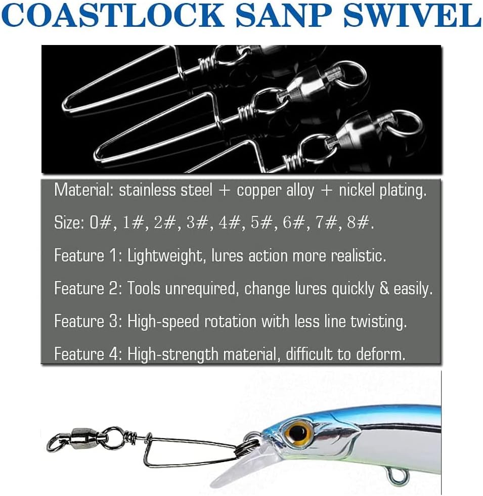 9Tong Kugellager Wirbel mit Coastlock Snap, Edelstahl geschweisster Ring für Angeln Salzwasser Stand