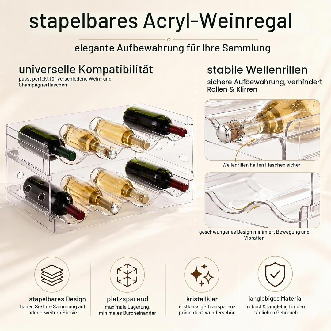 2 Etagen Flaschenregal Kühlschrank, Stapelbarer Weinregal Flaschenhalter für 8 Flaschen, 38x20cm Kun