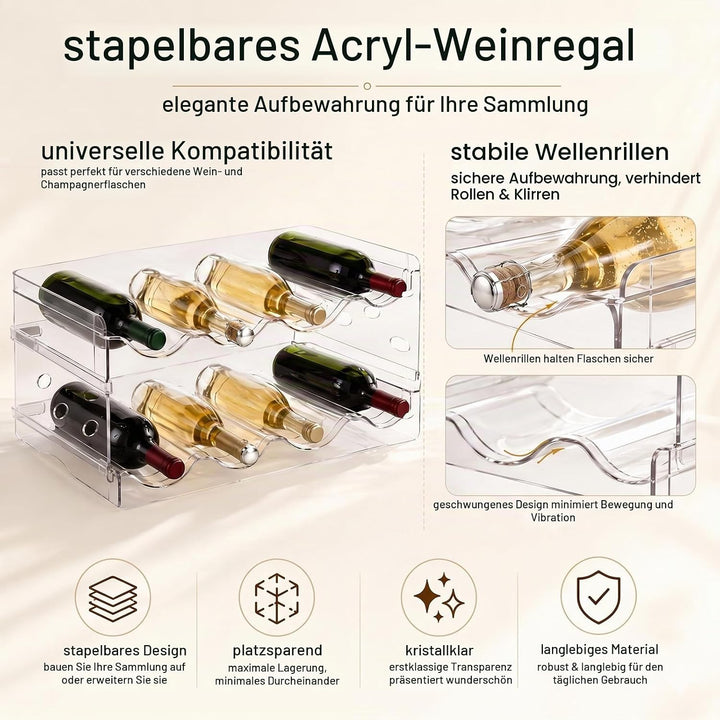 2 Etagen Flaschenregal Kühlschrank, Stapelbarer Weinregal Flaschenhalter für 8 Flaschen, 38x20cm Kun