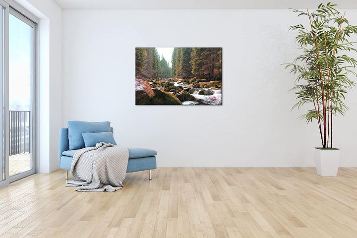 deyoli idyllischer Fluss im Wald im Format: 80x60 als Leinwandbild, Motiv fertig gerahmt auf Echthol