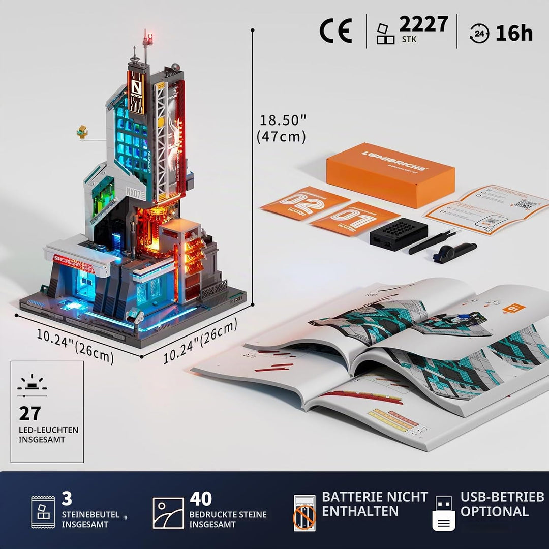 Lumibricks Neon Tech Tower Beleuchtetes Klemmbaustein-Set, 2227 Teile Cyberpunk-Wolkenkratzer mit 27