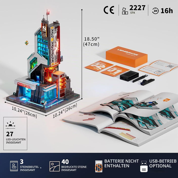 Lumibricks Neon Tech Tower Beleuchtetes Klemmbaustein-Set, 2227 Teile Cyberpunk-Wolkenkratzer mit 27
