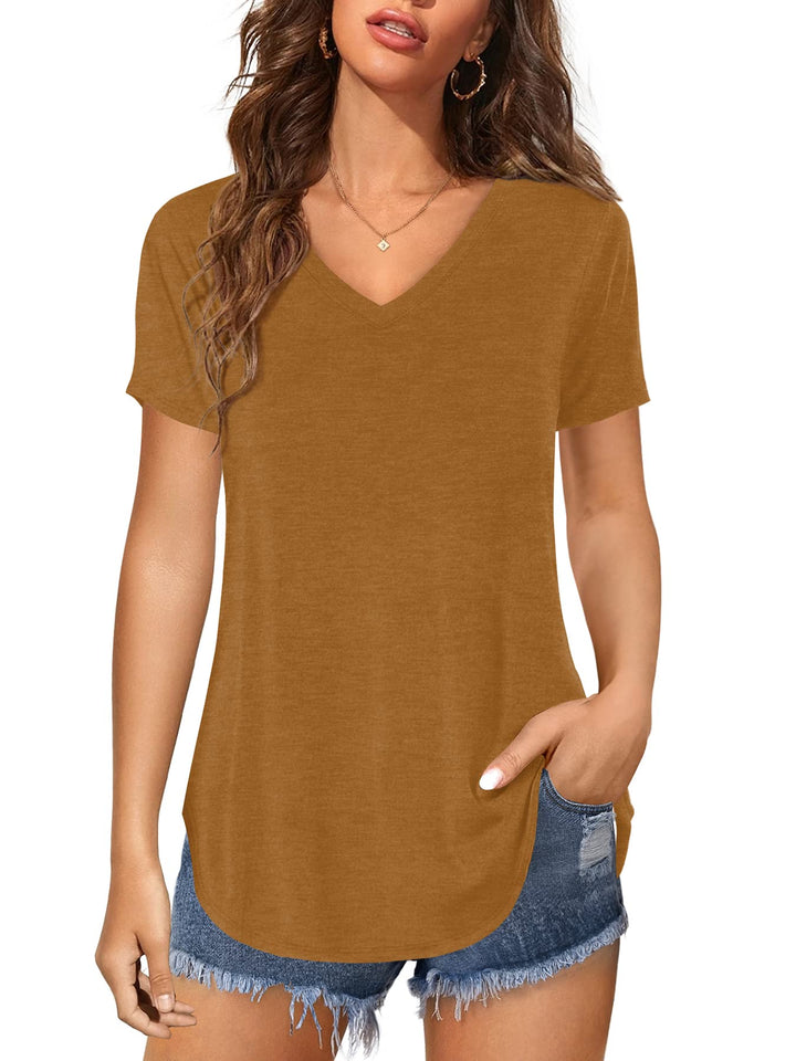 Florboom Tunika Damen Langarm/Kurzarm V Ausschnitt Oberteil Shirts Basic Casual Longshirt S Ab-braun