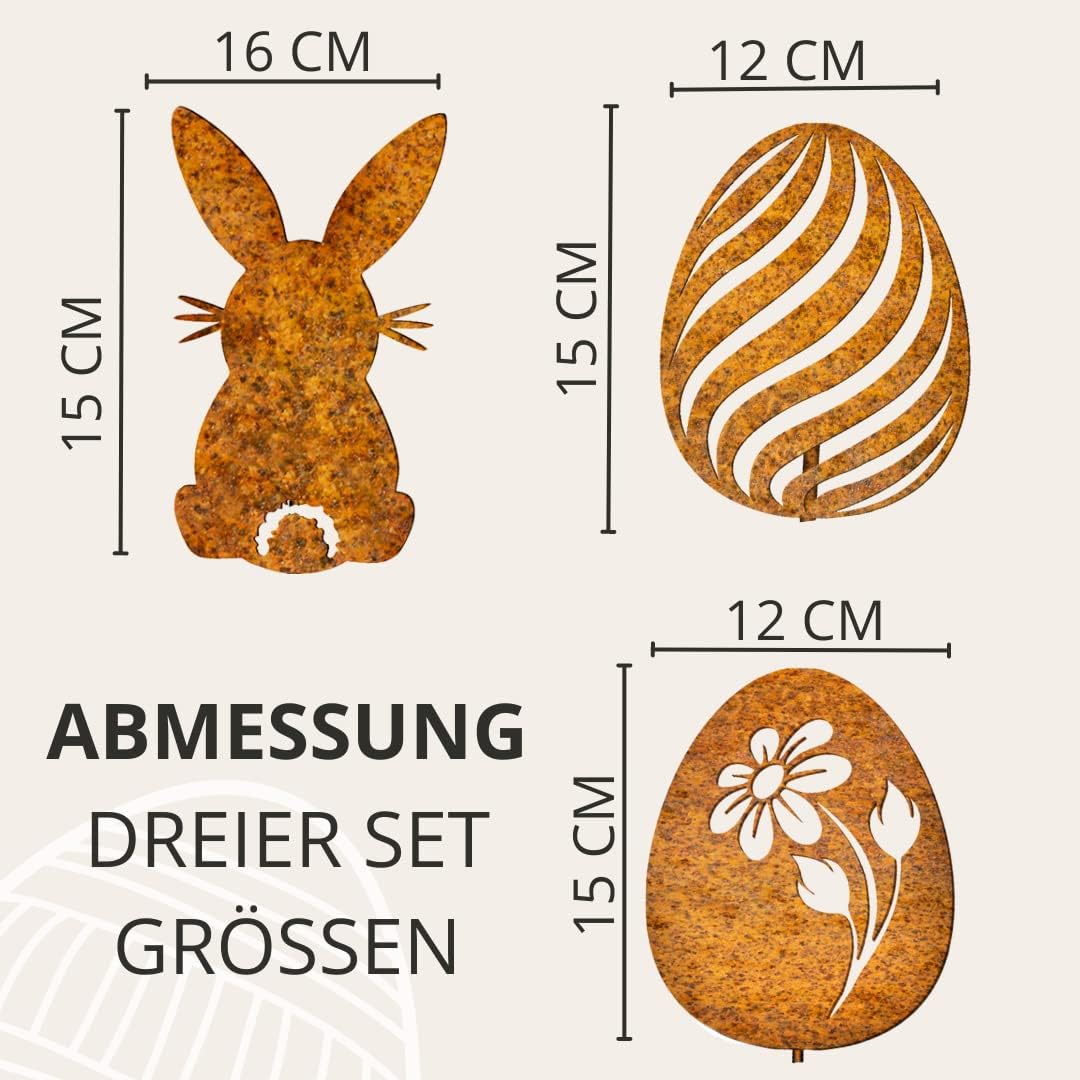 Terma Stahldesign Edelrost Ostereier & Hase 3er Set Handmade Germany, Osterdeko Rostoptik, Rostfigur