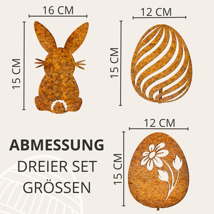 Terma Stahldesign Edelrost Ostereier & Hase 3er Set Handmade Germany, Osterdeko Rostoptik, Rostfigur