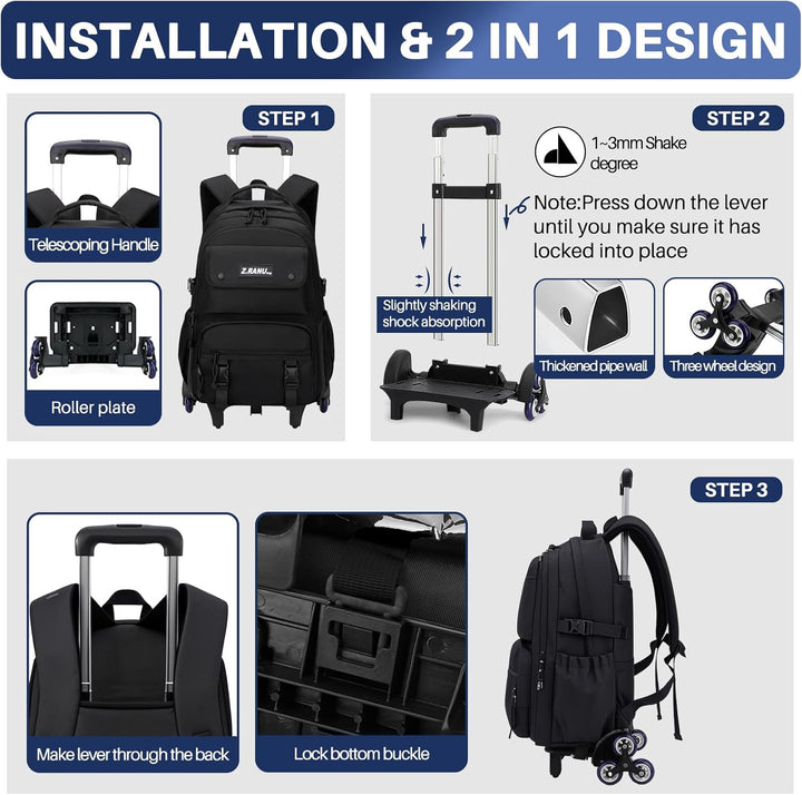Trolley Rucksack mit Rollen Teens Trolley Rucksack Kinder Schulrucksack Schulranzen mit Rollen Jungs