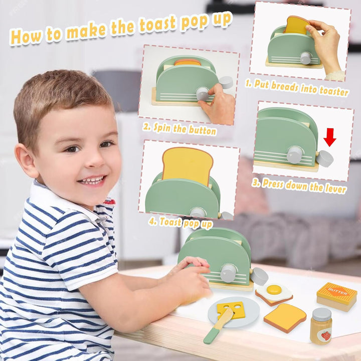 Hölzernes Küchenspielzeug, Hyacinthy hölzerner Toaster mit Holzbrot und Butter, Spielküche für Kinde