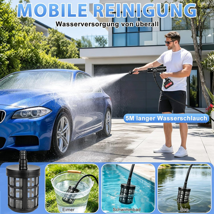 Akku Hochdruckreiniger, Mobiler hochdruckreiniger mit 2×3.0Ah Akkus, 6-in-1 Multifunktionale, 5M Sch