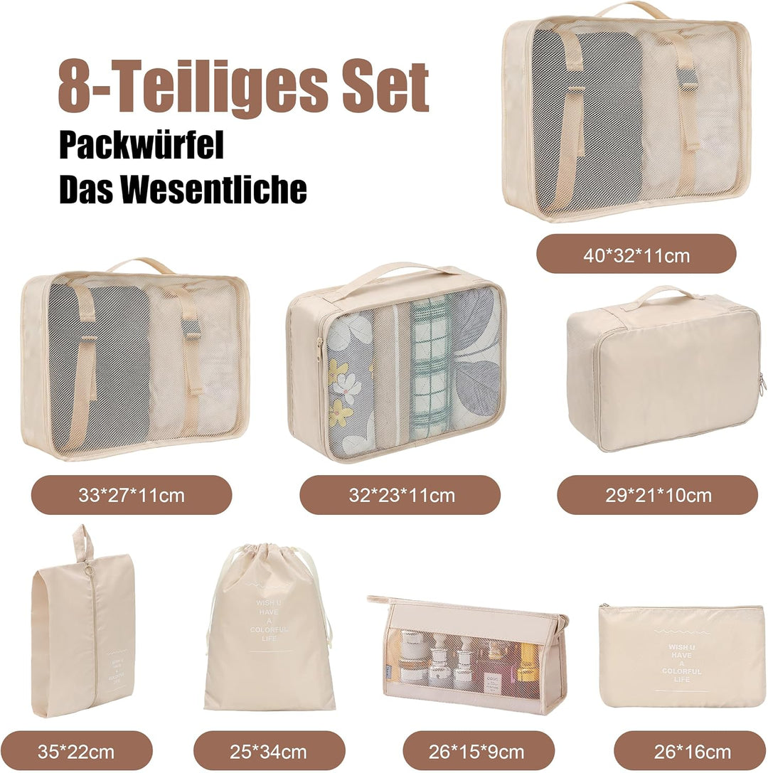 Packing Cubes 8er Set Koffer Organizer Packwürfel Set wasserdicht Beige, Beige