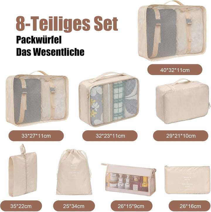 Packing Cubes 8er Set Koffer Organizer Packwürfel Set wasserdicht Beige, Beige