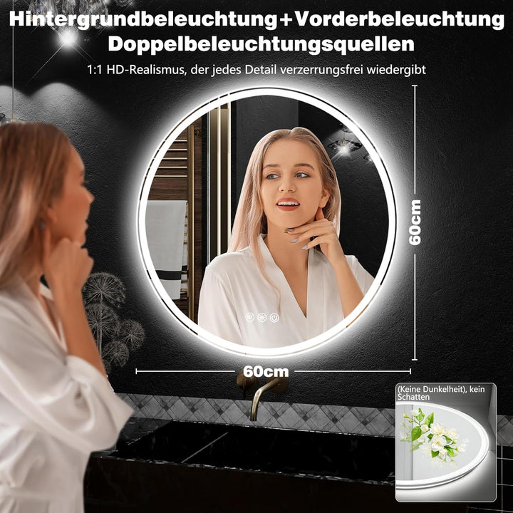 60cm Runde LED Badezimmerspiegel mit Beleuchtung, Dimmbar & 3 Farben – Front- & Hintergrundbeleuchtu