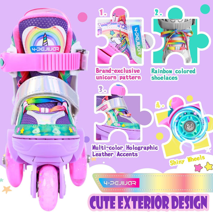 Kinder Einhorn Rollschuhe für Mädchen.Geeignet für 3-6 Jahre alt. Mit Leuchtenden Rädern,4-Pejiijar