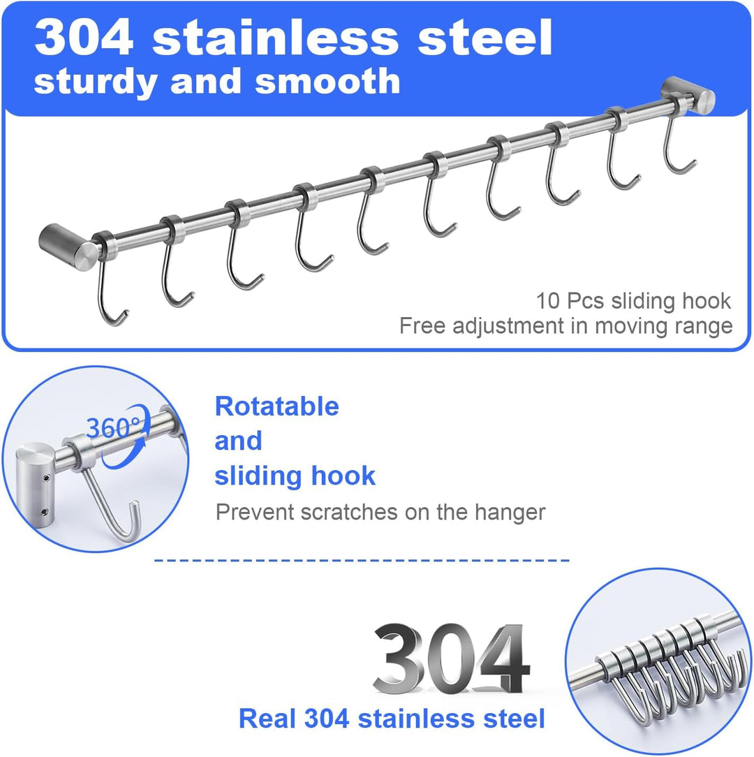Geschirr hängende Rack mit 10 abnehmbaren Haken, Küche Schiene Pan Hanger Edelstahl Wand montierte M