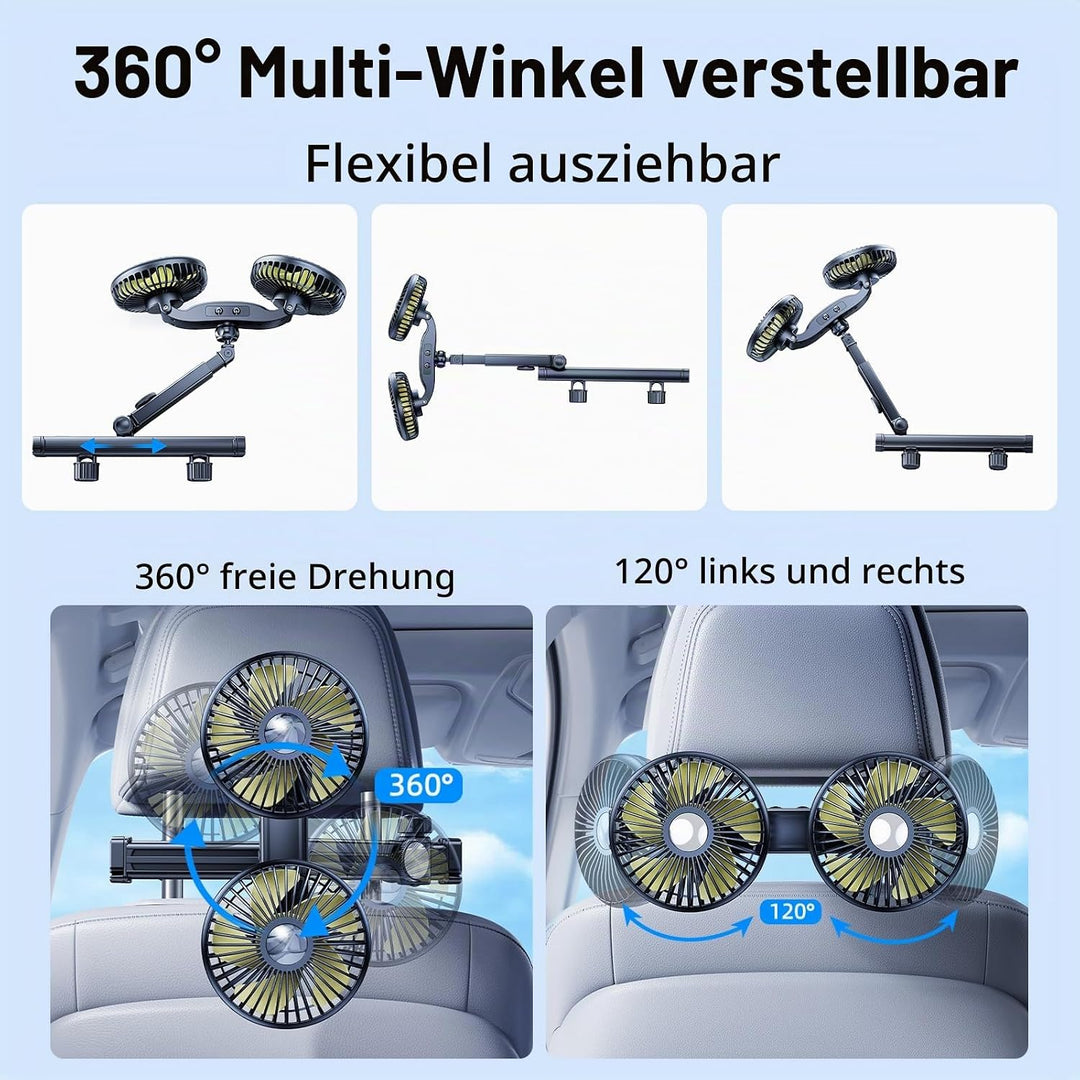 Akku-Ventilator für Auto-Rücksitz mit einziehbarem langem Arm, [Geschenk-Kfz-Ladegerät &amp; USB-C-Kabel