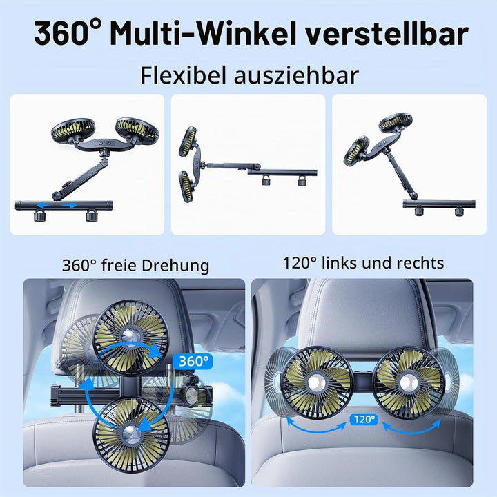 Akku-Ventilator für Auto-Rücksitz mit einziehbarem langem Arm, [Geschenk-Kfz-Ladegerät &amp; USB-C-Kabel