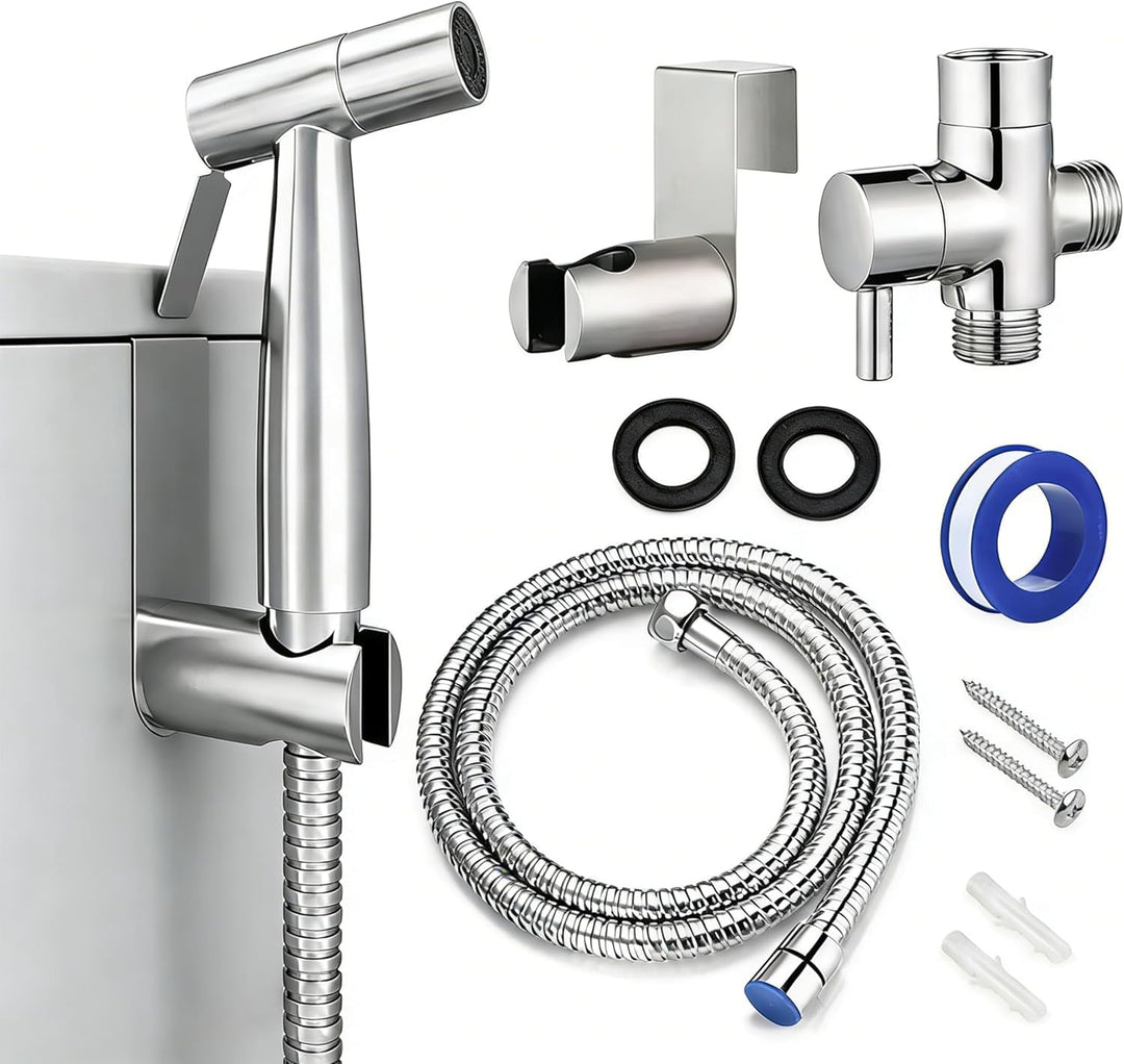 Bidet Handbrause Set aus 304 Edelstahl, Toilettensprühgerät mit G1/2-Zoll T-Adapter, 1,5m Brauseschl