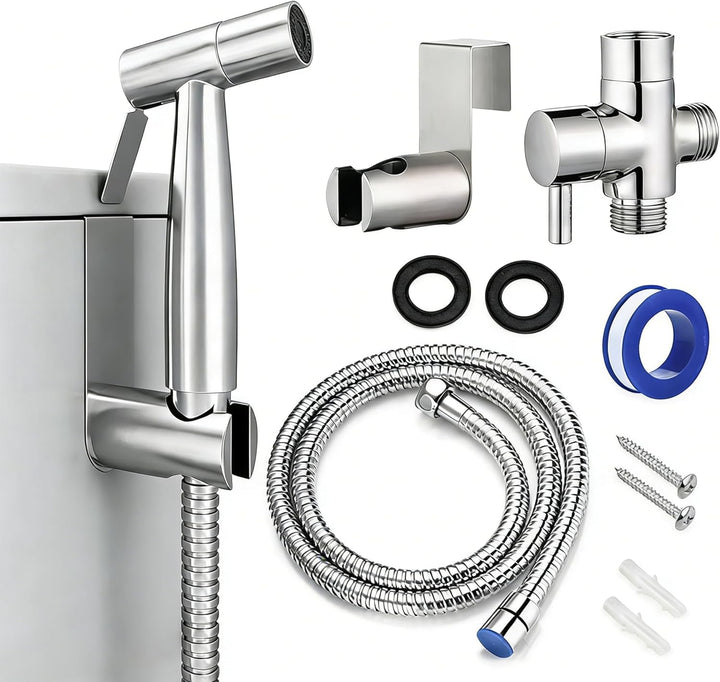 Bidet Handbrause Set aus 304 Edelstahl, Toilettensprühgerät mit G1/2-Zoll T-Adapter, 1,5m Brauseschl