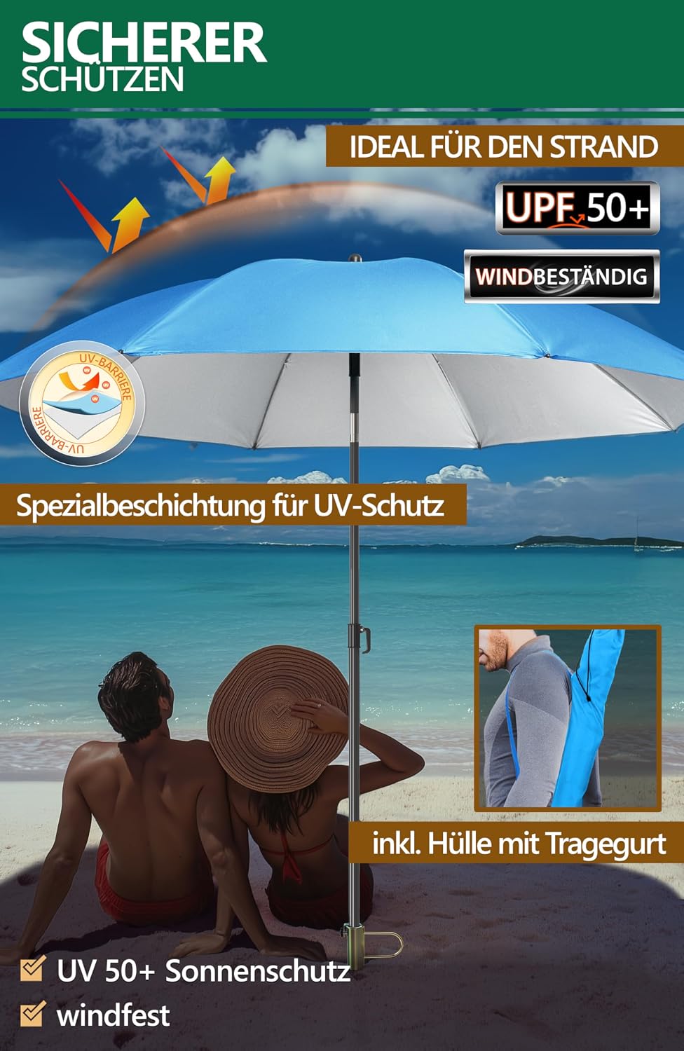 4smile Sonnenschirm Strand SunnyJoy Modern im 3er-Set, Blau - Strandschirm windfest stabil 160 cm +