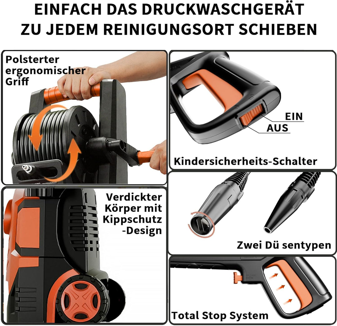 Hochdruckreiniger Touchscreen 8-stufiger 200 bar, 6-in-1-Düse, Einstellbarer Druck: 100-200 bar, För