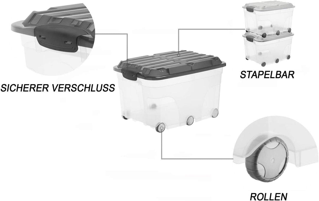 2er-Set Aufbewahrungsbox 57l mit Deckel und Rollen 2 x 57l Grau/Transparent, 2 x 57l Grau/Transparen