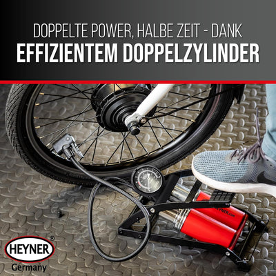 HEYNER® 22500N Fussluftpumpe Doppelzylinder 2 Zylinder mit Manometer bis 10 bar + Tasche