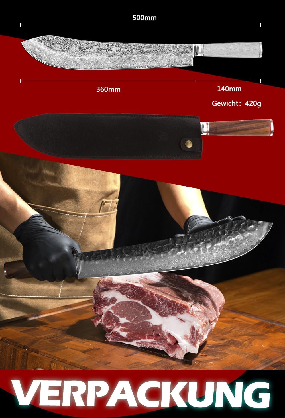 YOUSUNLONG Bull Nose Breaking Knife 356 mm (14 Zoll) Extra Länge Superscharfer gehämmerter Griff aus