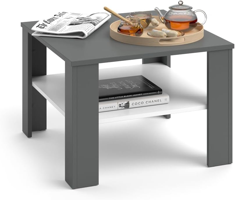 Vicco Couchtisch Homer, Weiss/Anthrazit, 60 x 60 cm | zur Aufbewahrung von Zeitschriften und Fernbed