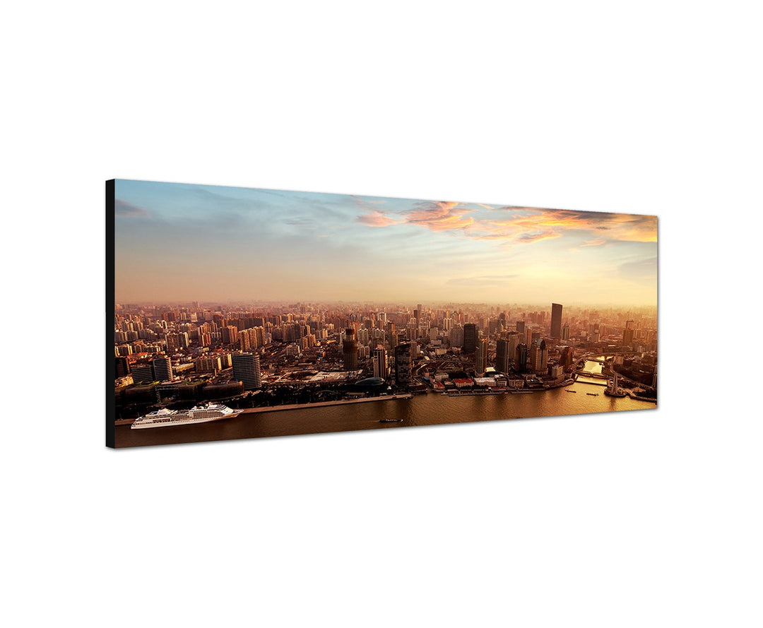 Augenblicke Wandbilder Leinwandbild als Panorama in 150x50cm Shanghai Skyline Sonnenuntergang Wolken