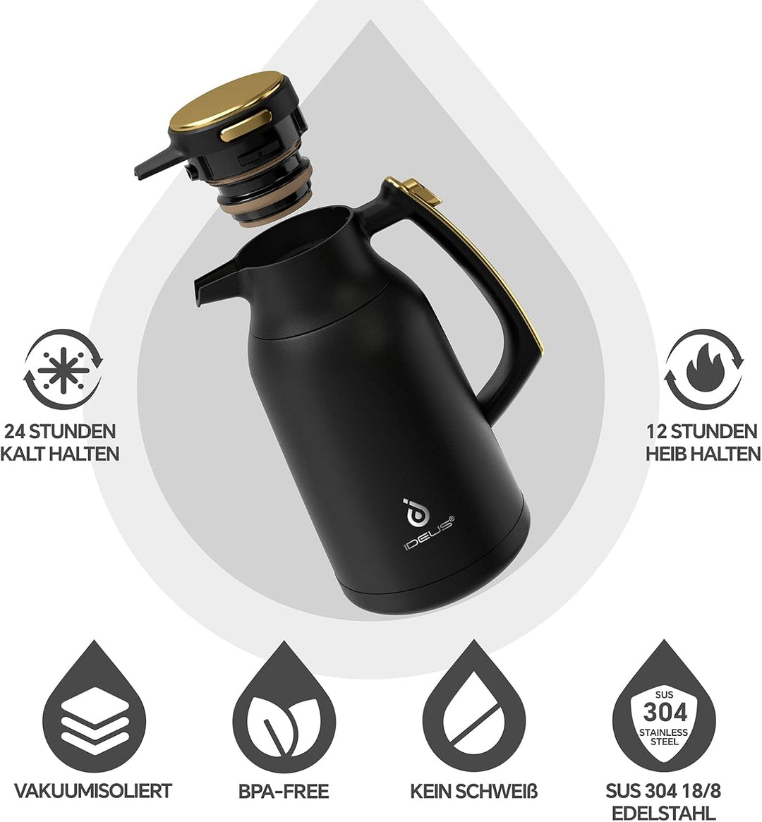 IDEUS® Thermoskanne 2l, Edelstahl Doppelwandige Kaffeekanne Vakuumisolierung Isolierkanne Warmhaltek