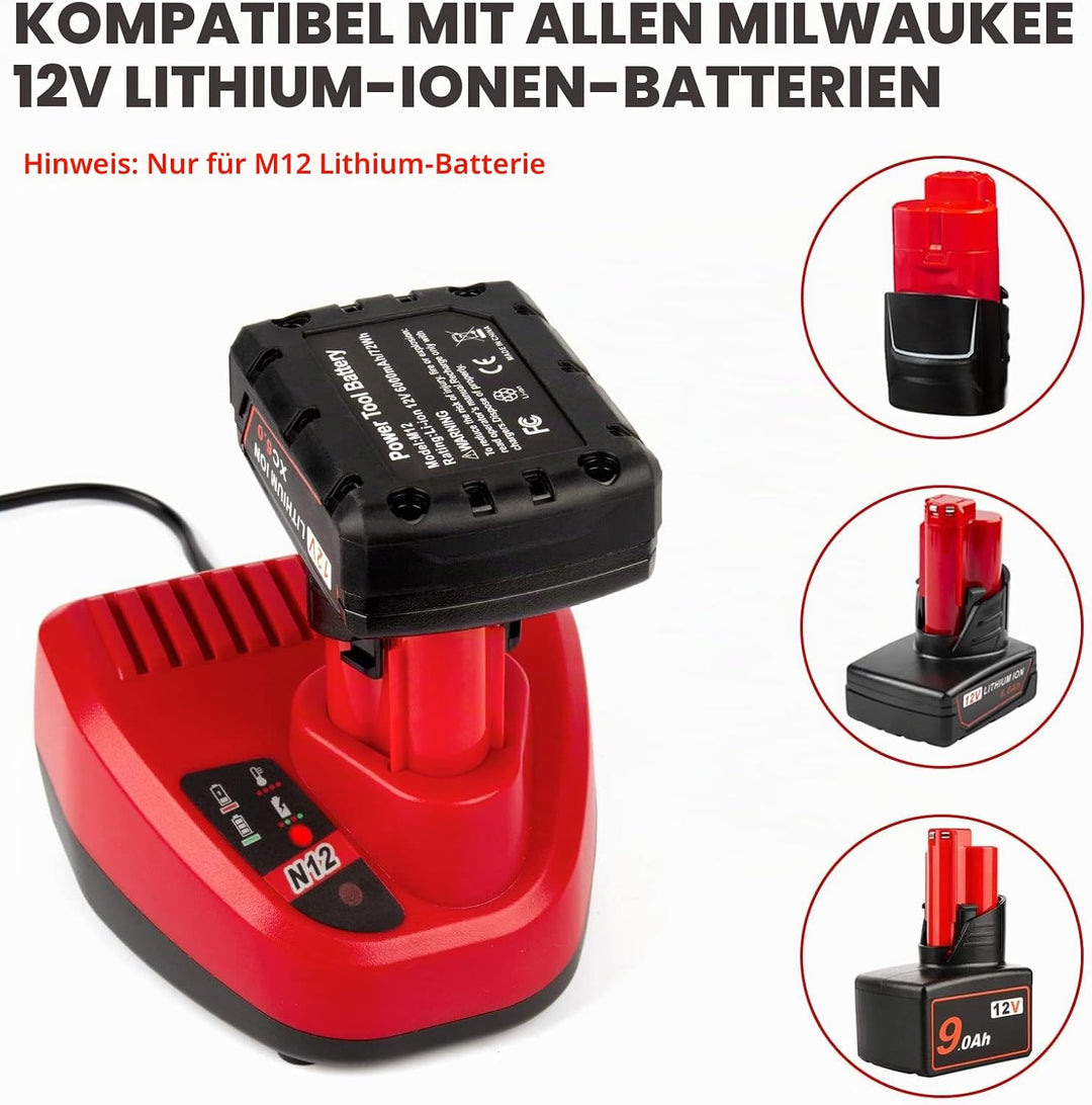 LabTEC 10.8V-12V Ersatz-Ladegerät für Milwaukee M12 Li-Ion Akku, Kompatibel mit Allen M12 Akkus 48-1