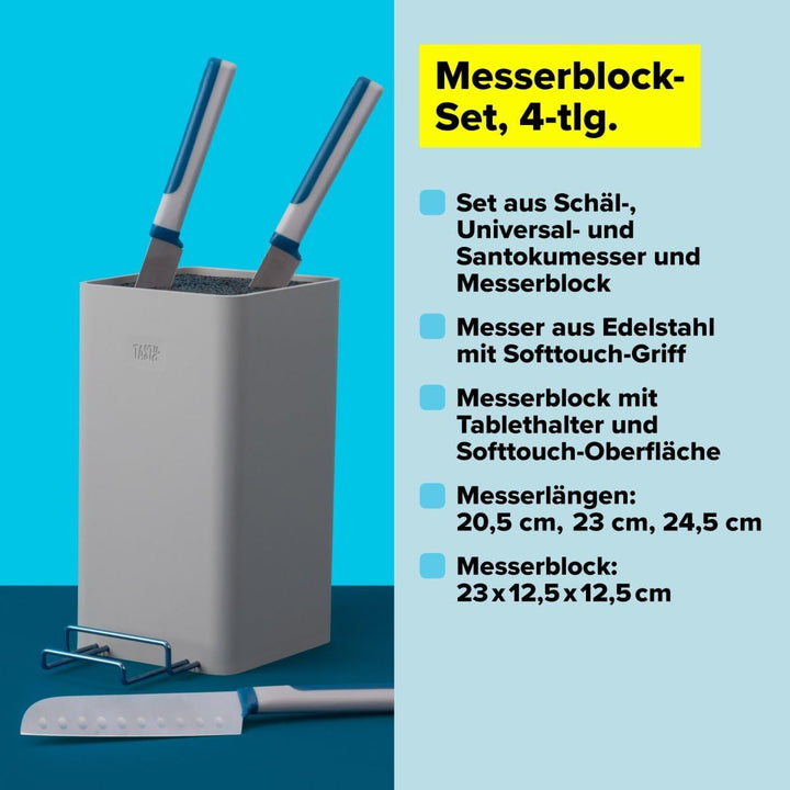 Messerblock-Set inkl. 3 Messern, 4-tlg, Universalmesserblock mit Borsteneinsatz, inkl. Tablet- und H