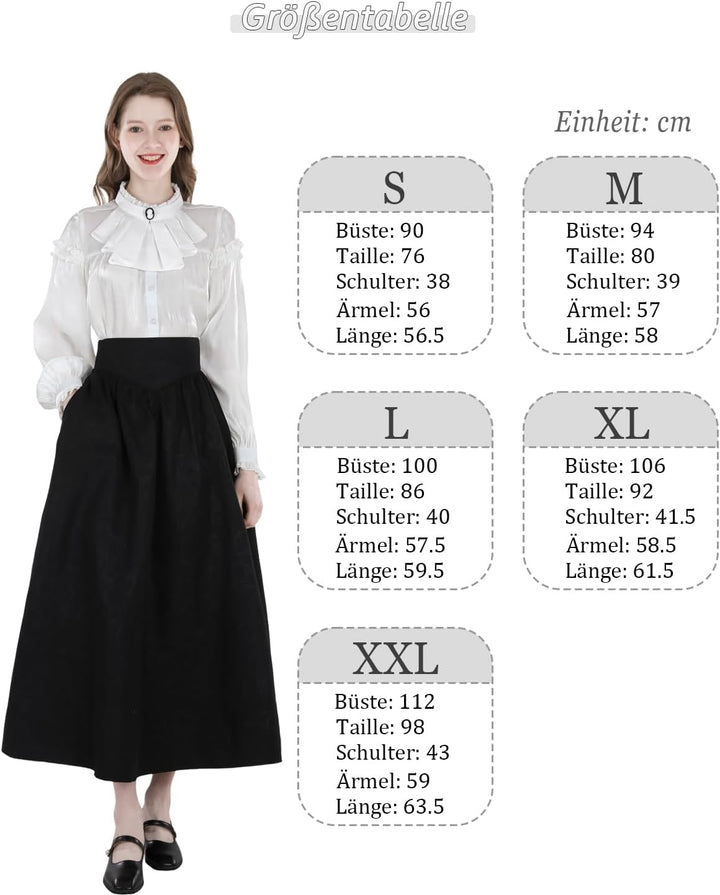 Damen Viktorianisch Bluse Vintage Schleifenhemd Stehkragen mit Ruff Langarmshirt Mittelalter Bluse M