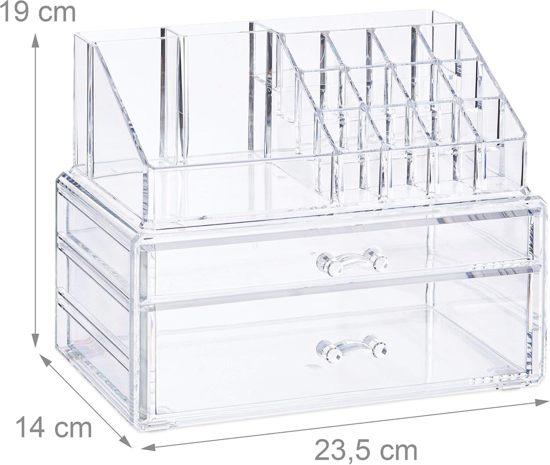 Relaxdays Make-Up Organizer mit 2 Schubladen, Kit für Lippenstift, Nagellack, Kosmetikregal Acryl, t