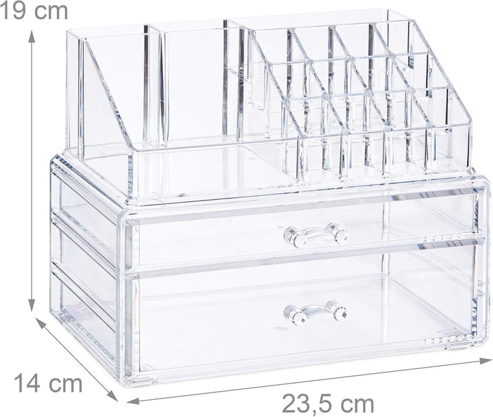 Relaxdays Make-Up Organizer mit 2 Schubladen, Kit für Lippenstift, Nagellack, Kosmetikregal Acryl, t