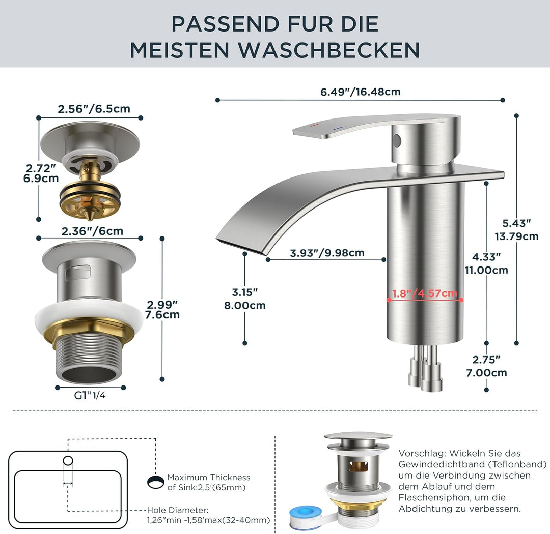 FORIOUS Wasserhahn Bad mit Ablaufgarnitur, Edelstahl Wasserfall Waschbeckenarmatur mit Auslaufhöhe 8