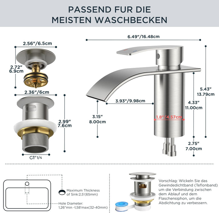 FORIOUS Wasserhahn Bad mit Ablaufgarnitur, Edelstahl Wasserfall Waschbeckenarmatur mit Auslaufhöhe 8