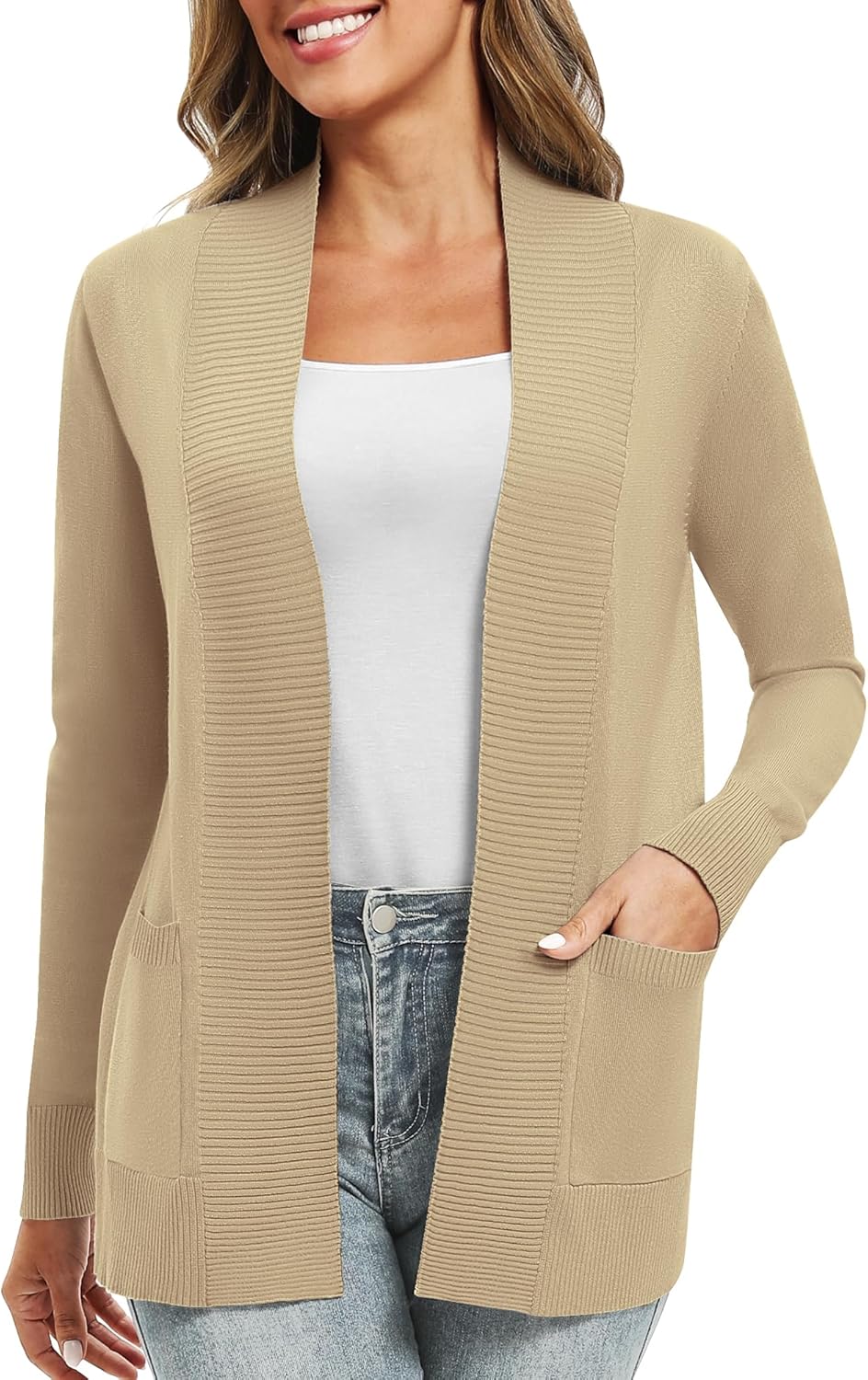 EXCHIC Damen Lange Ärmel Gestrickt Strickjacke Leicht Gemütlich Offene Vorderseite Lange Freizeitjac