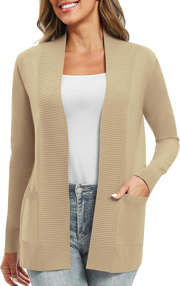 EXCHIC Damen Lange Ärmel Gestrickt Strickjacke Leicht Gemütlich Offene Vorderseite Lange Freizeitjac