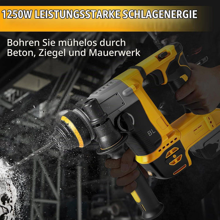 1250W Akku Kombihammer und Bohrlöcher 2-in-1 kompatibel mit DeWalt 20V Akku(ohne Akku),22 mm Bürsten