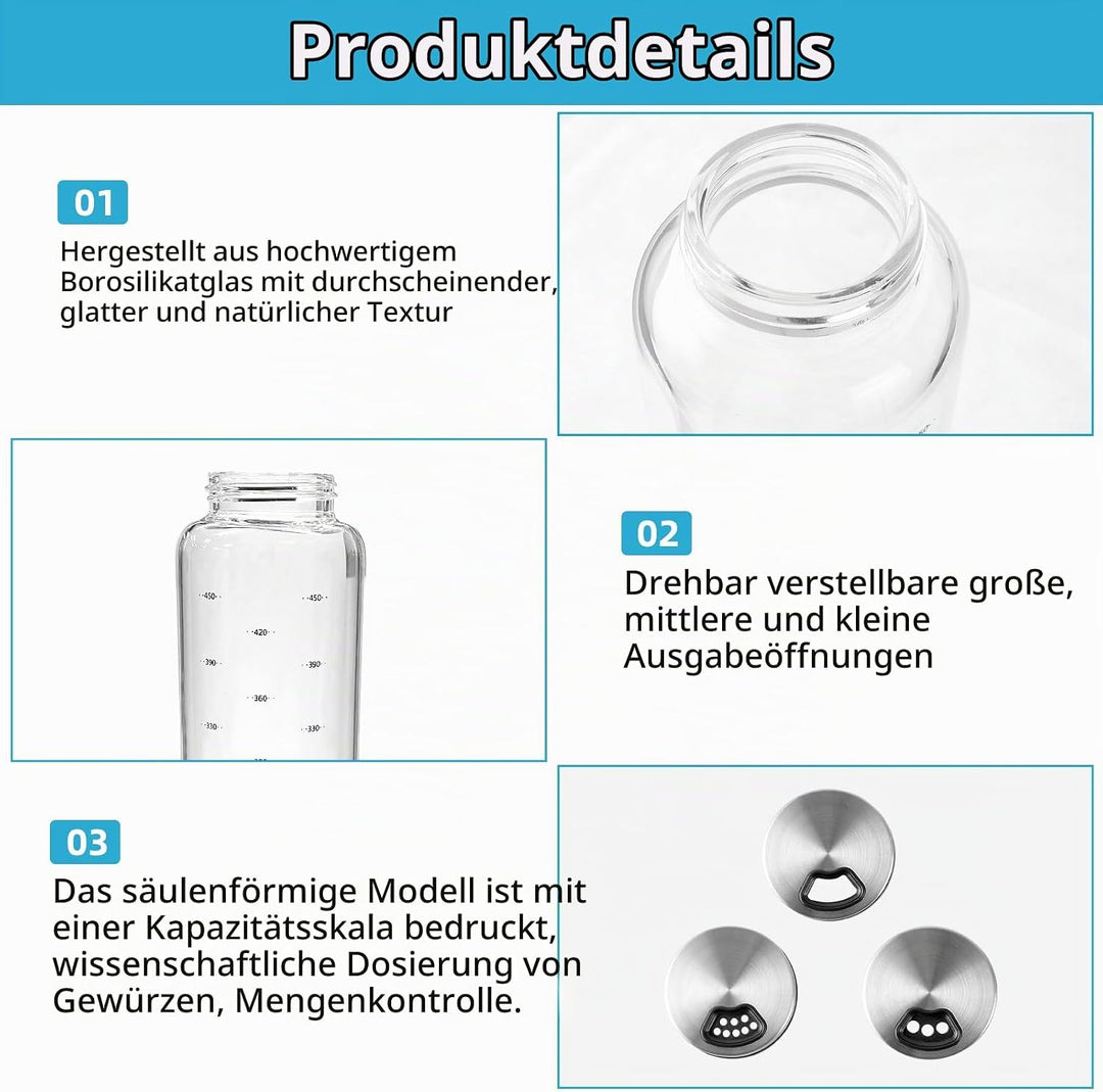 500 ml Gewürzgläser Mit Drehdeckel, 2 Stück Borosilikatglas Gewürzstreuer, Gewürzstreuer mit 3 Arten