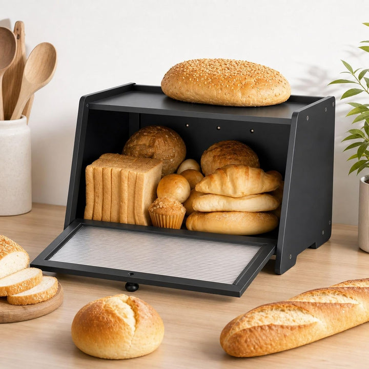 Brotkasten aus Holz, schwarze Brotbox für Küchenarbeitsplatte, 1-stufiger Brotbehälter zur Brotaufbe