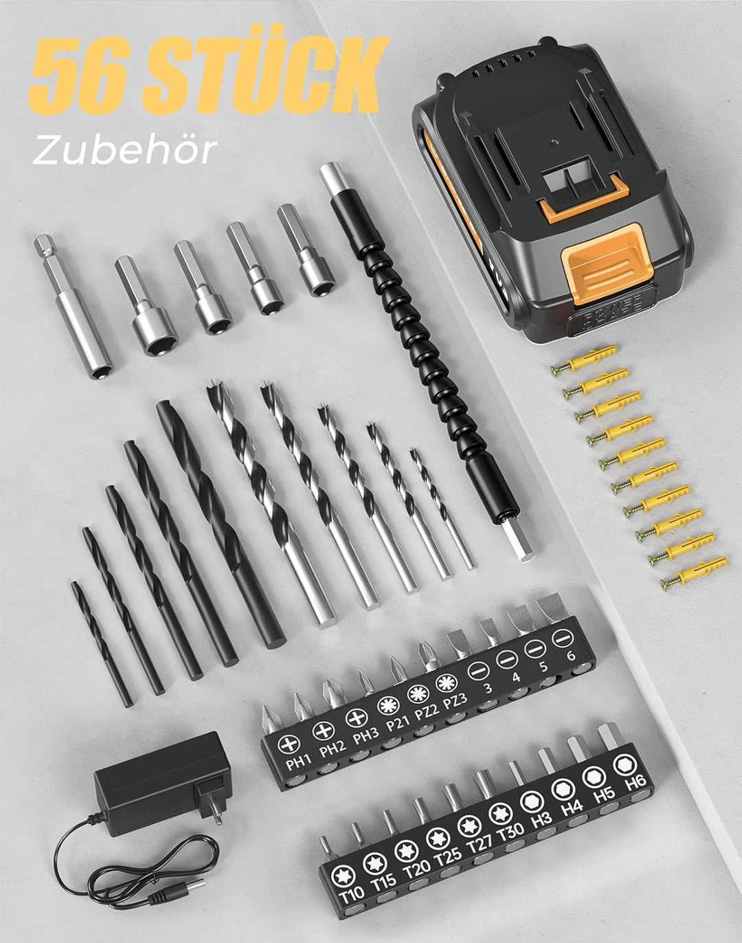 Akkuschrauber, 20V Akku Bohrschrauber, 25+1 Drehmomentstufen Akkubohrer, 42Nm Max Drehmoment, LED-Li
