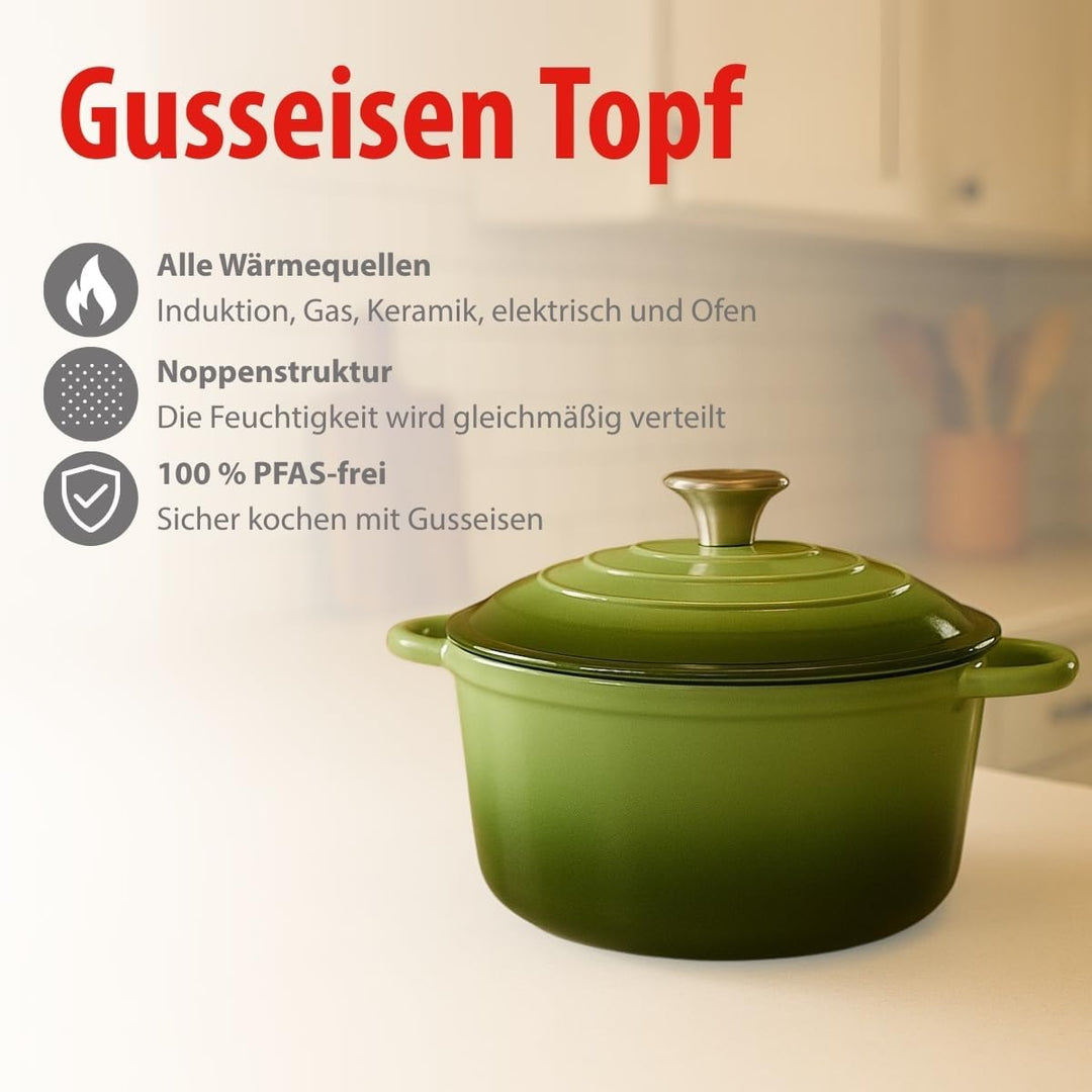 alpina Dutch Oven – Gusseisen Topf Induktion 3,8L Ø24cm - Schmortopf mit Deckel – Gusseisen Bräter S