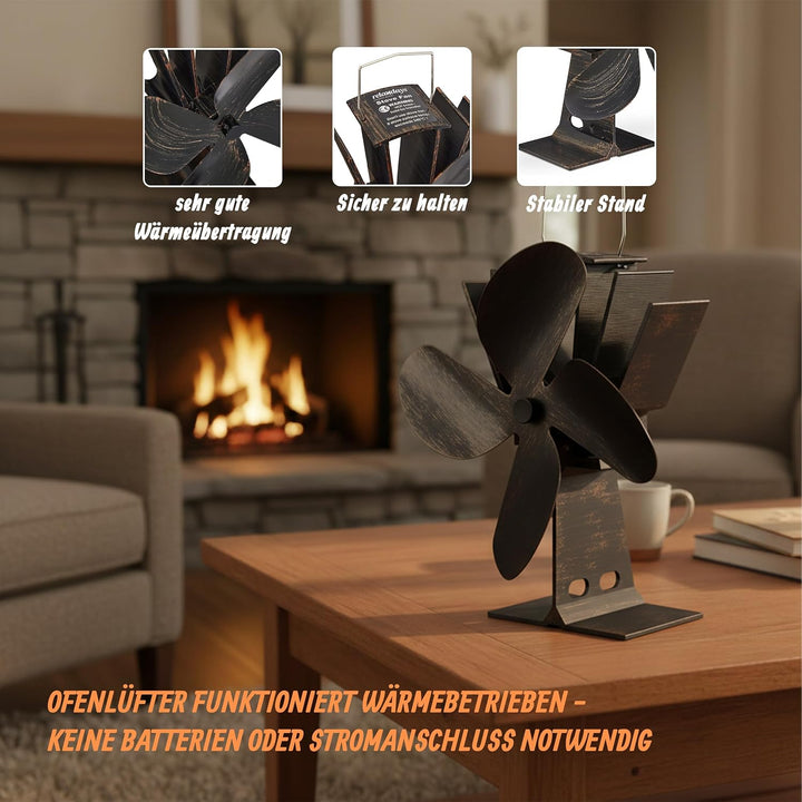 Relaxdays Ofenventilator ohne Strom, geräuscharm, für Kamin & Ofen, hitzebetrieben, 4 Blätter, Kamin