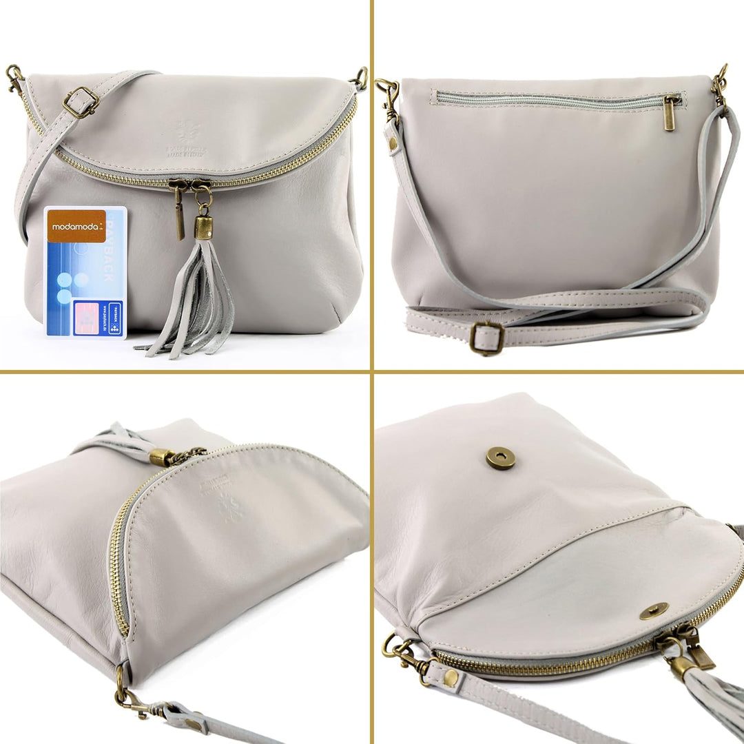 modamoda de - T07 - ital. Umhänge Clutch Klein Nappaleder Schwarz/Cognac, Schwarz/Cognac