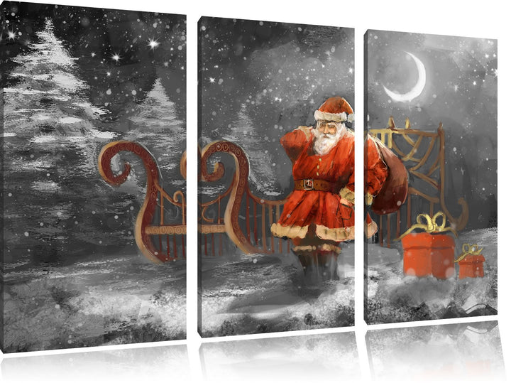 Pixxprint der erschöpfte Weihnachtsmann mit Geschenken B&W Detail 3-Teiler Leinwandbild 120x80 Bild